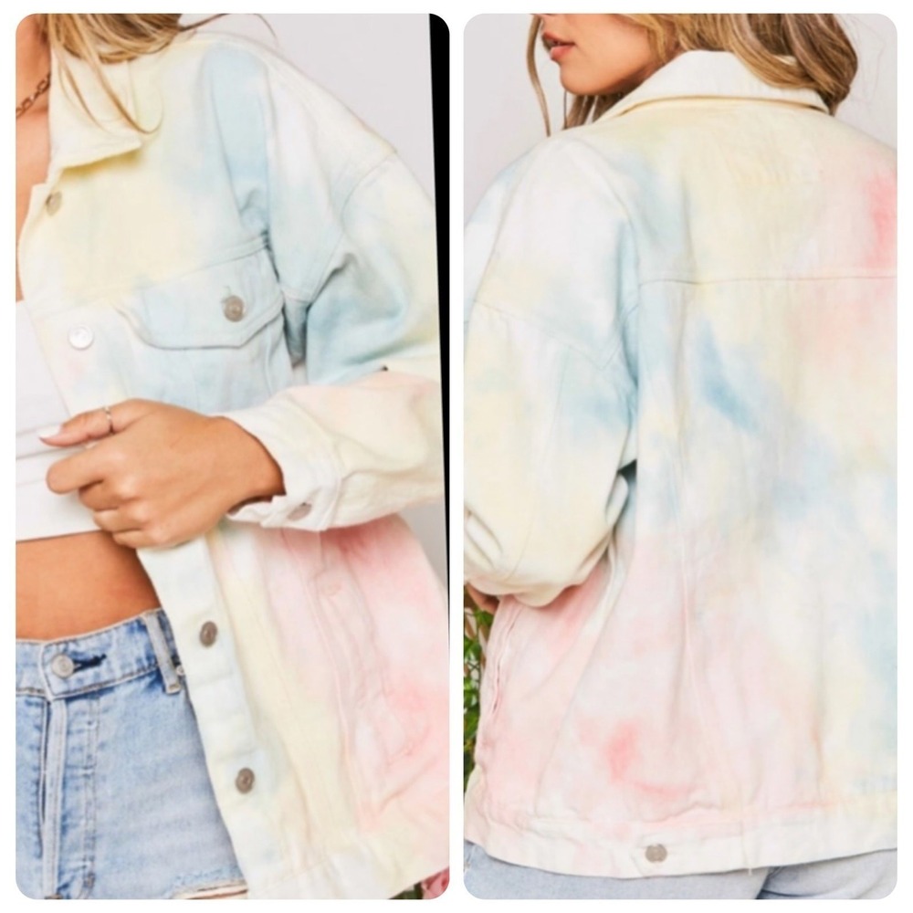 Peach Love California Pastel Tie Dye Oversized Cotton Denim Jacket women's small